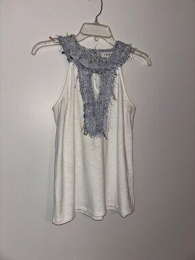 THML Anthropologie White Tank Top with Textured Light Blue Fringe Neckline